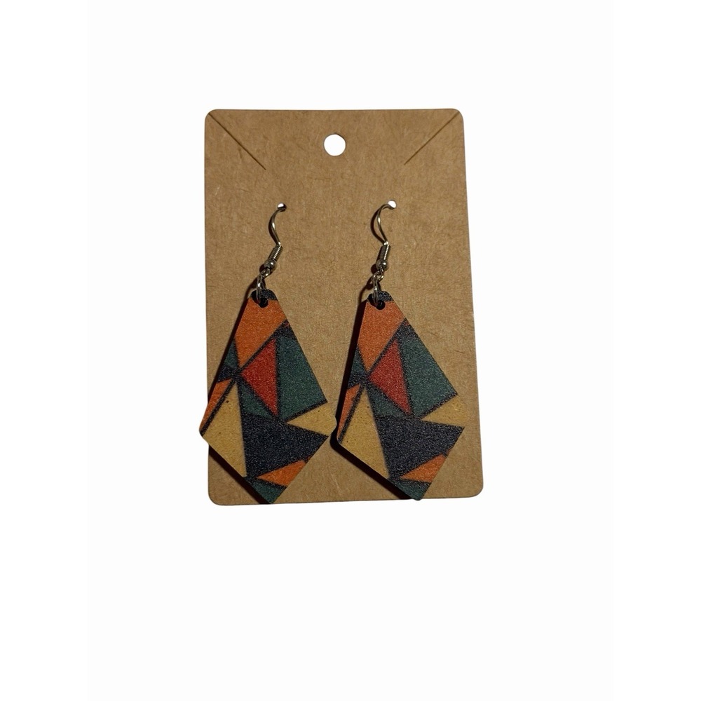 Geometric Wood Drop Earrings Abstract Mosaic Diamond‎ Dangle Earthy Tones Boho